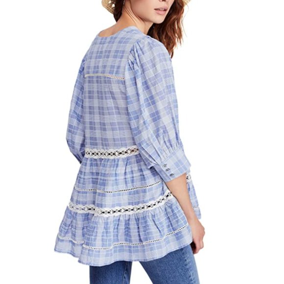 Free People Blue Time Out Tiered Lace Tunic Top - Picture 6 of 6